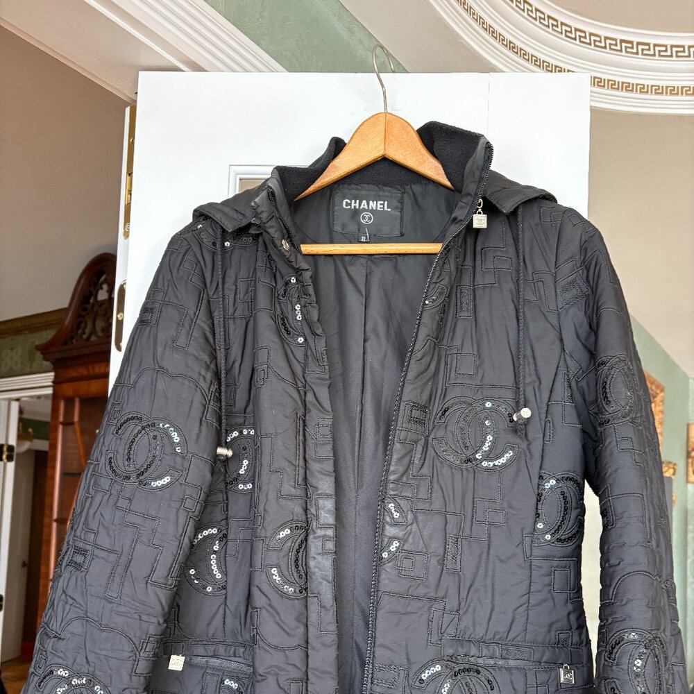 Chanel Black Quilted Sequin Logo Hooded Zip-Up Jacket XL